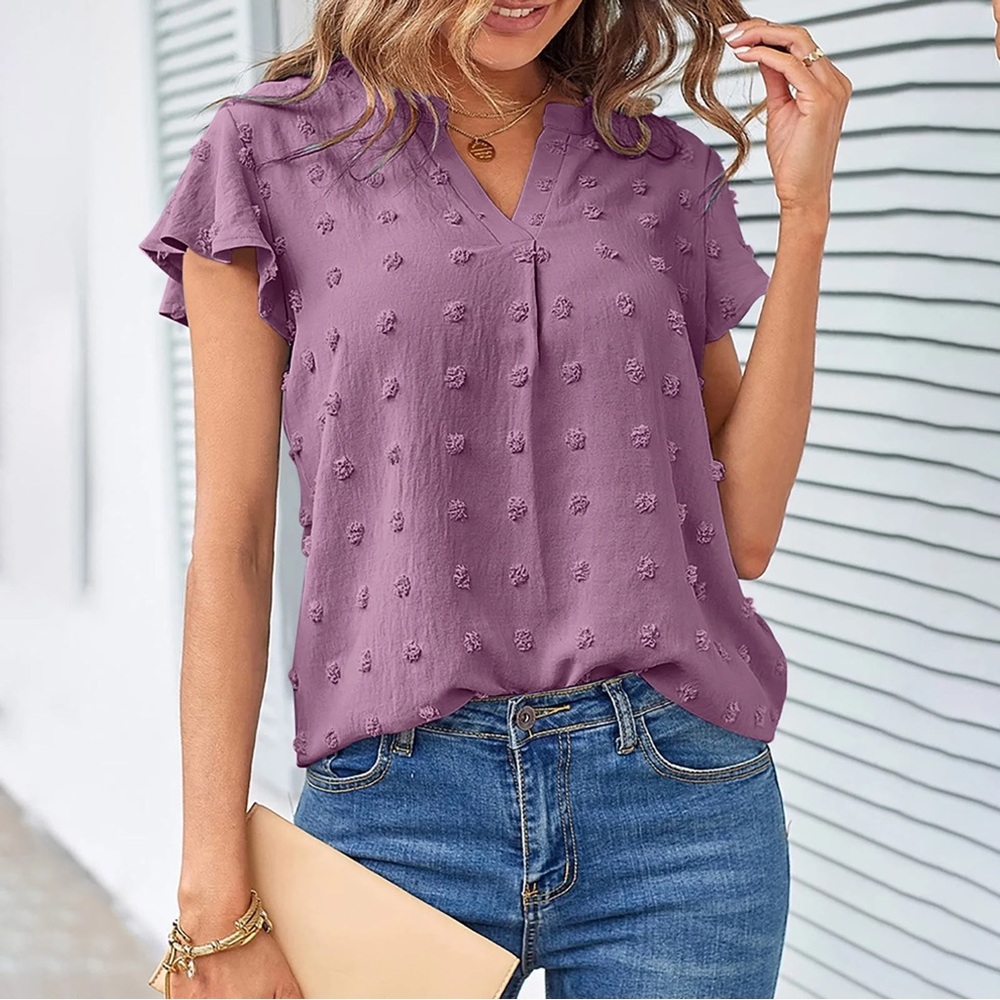 YSYOKOW purple V-neck polyester short sleeve blouse size Large